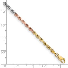 14K Tri-colored 8 inch 3mm Diamond-cut Rope with Lobster Clasp Chain