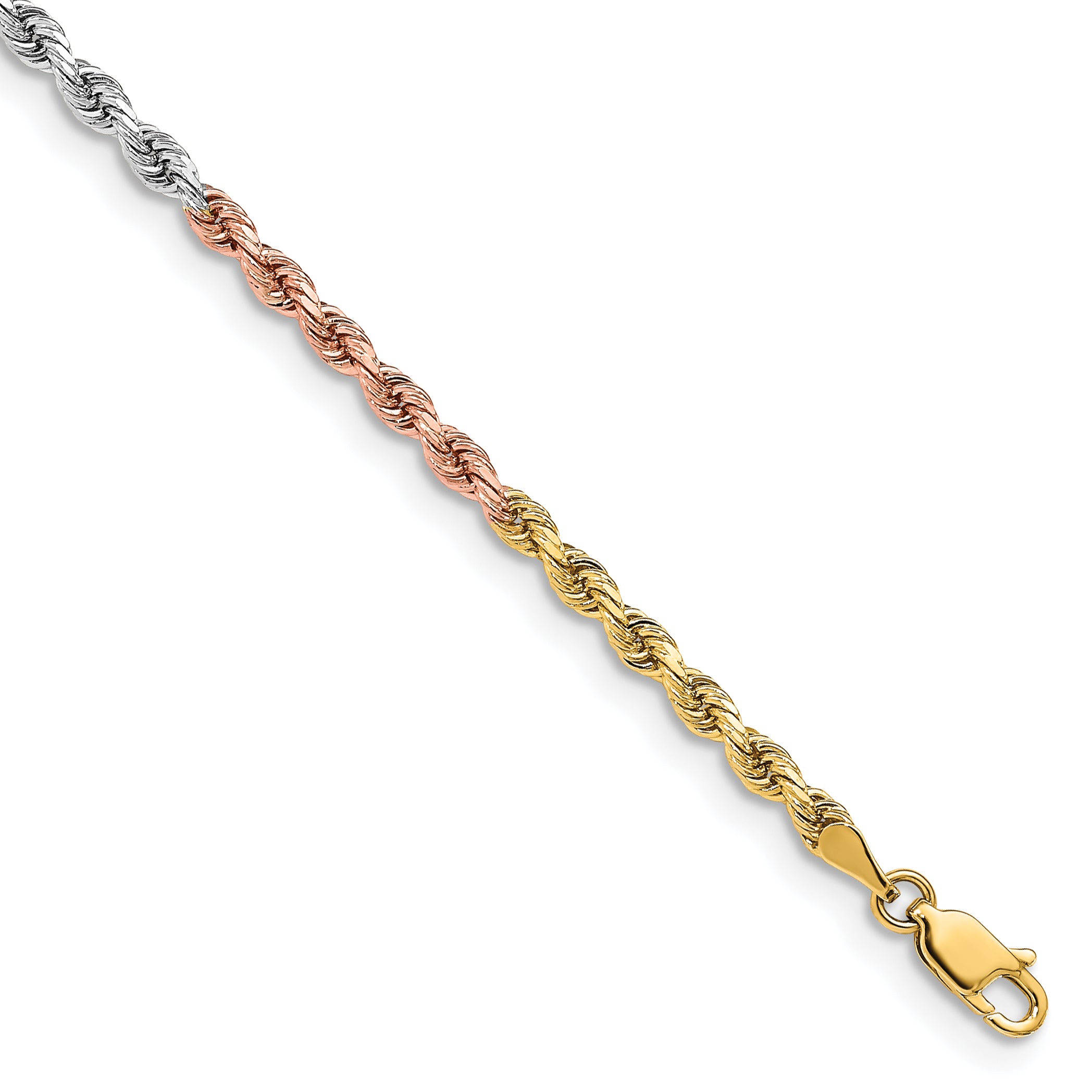 14K Tri-colored 8 inch 3mm Diamond-cut Rope with Lobster Clasp Chain