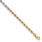 14K Tri-colored 7 inch 3mm Diamond-cut Rope with Lobster Clasp Chain