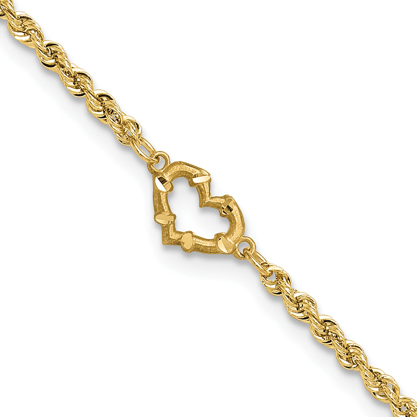 10k Diamond-cut Open Heart and Rope Chain 10 inch Anklet