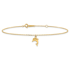 10k Polished Dolphin Charm 9 inch Plus 1 inch Extender - Total 10 inch Anklet