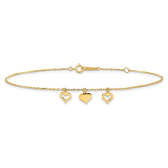 10k Polished Three Heart Dangles 9 inch Plus 1 inch Extender - Total 10 inch Anklet