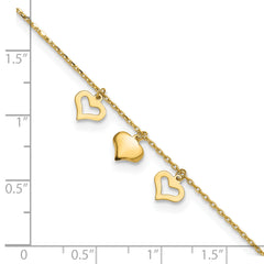 10k Polished Three Heart Dangles 9 inch Plus 1 inch Extender - Total 10 inch Anklet