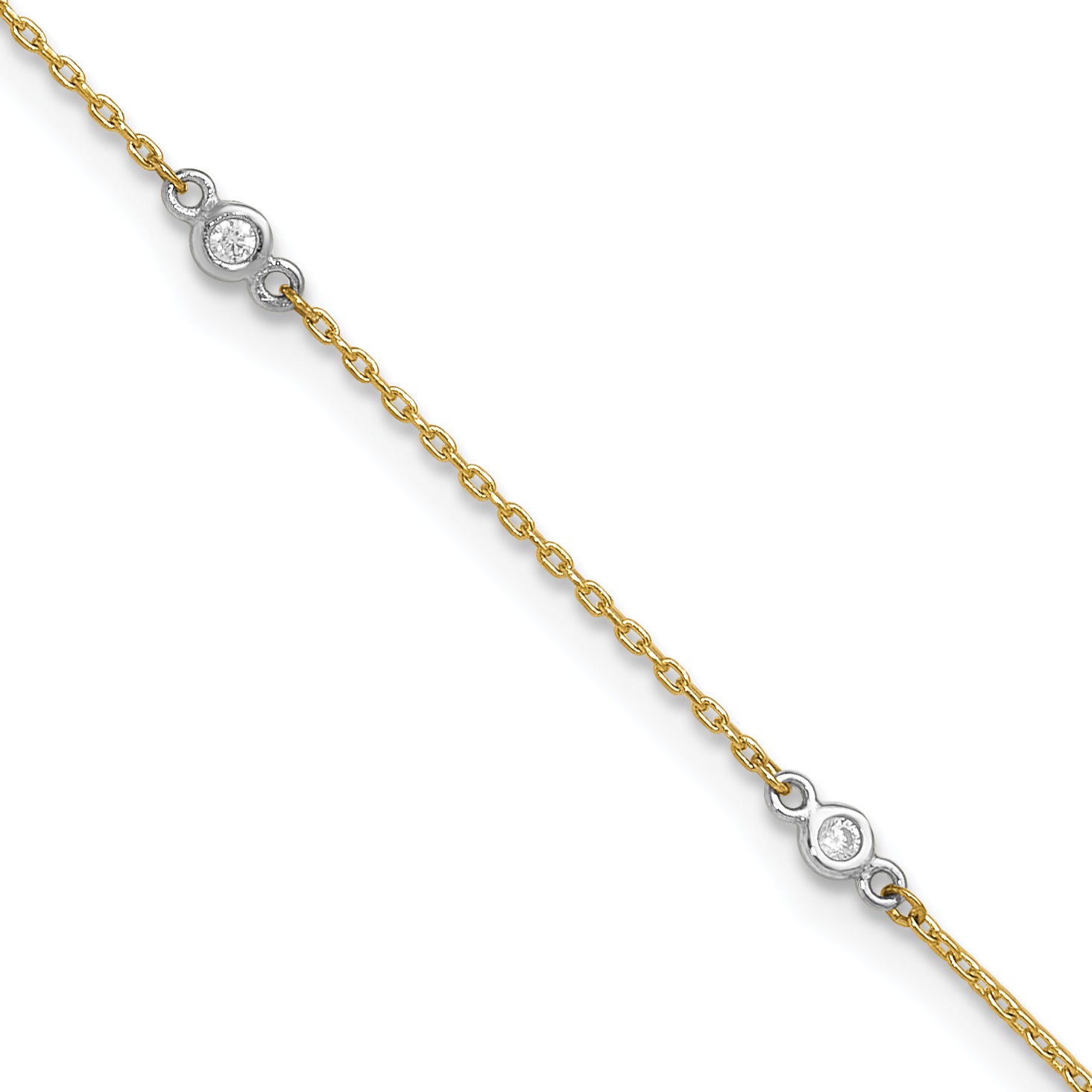 10k Two-tone Bezel-set 3.6mm CZ 6-Station 9 inch Plus 1 inch Extender - Total 10 inch Anklet