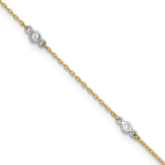 10k Two-tone Bezel-set 3.6mm CZ 6-Station 9 inch Plus 1 inch Extender - Total 10 inch Anklet
