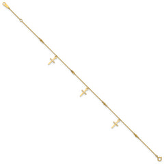 10k Polished Cross Dangle and Beads 9 inch Plus 1 inch Extender - Total 10 inch Anklet