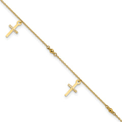 10k Polished Cross Dangle and Beads 9 inch Plus 1 inch Extender - Total 10 inch Anklet