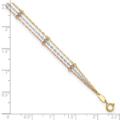 10k Tri-color 3-Strand Diamond-cut Beaded 9 inch Plus 1 inch Extender - Total 10 inch Anklet