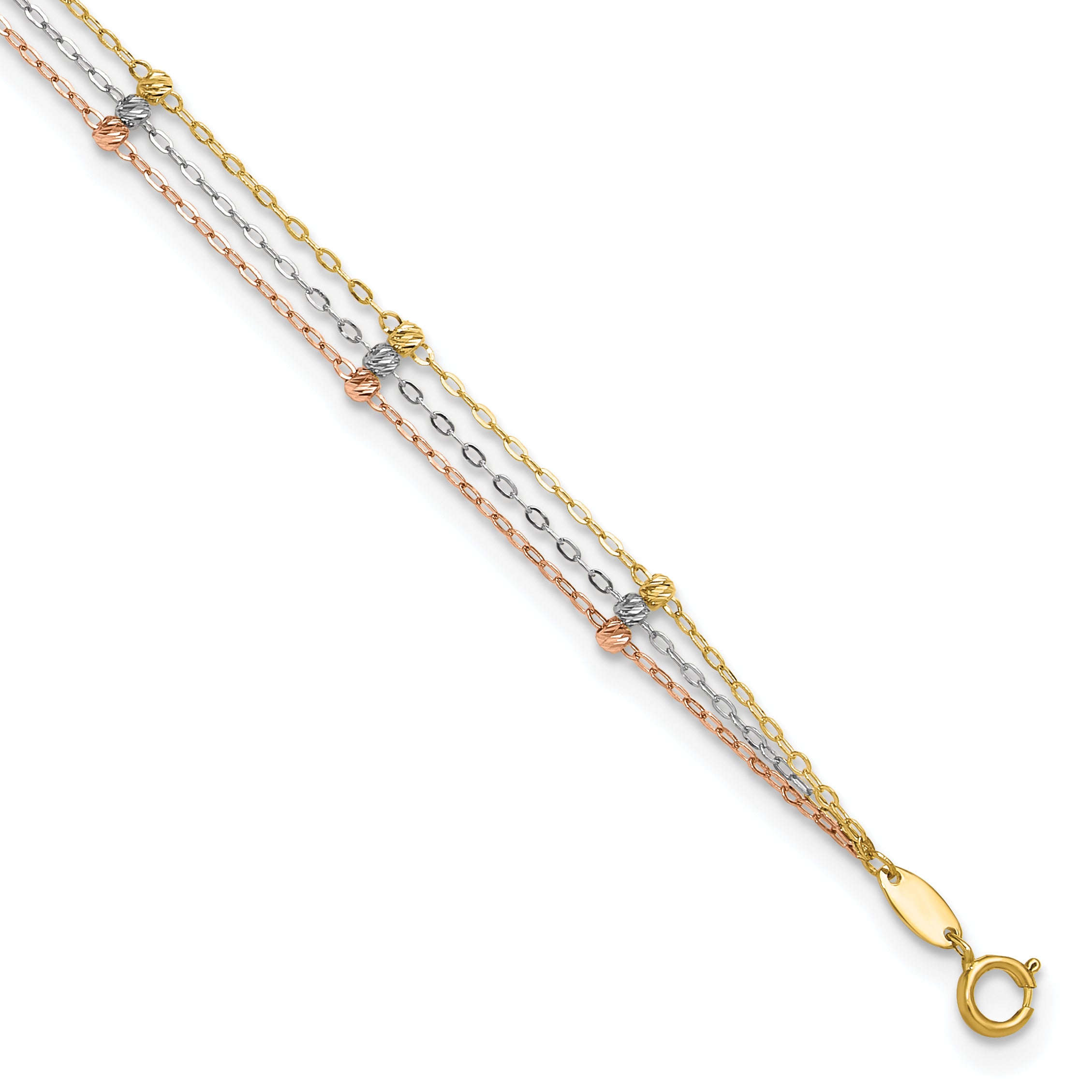 10k Tri-color 3-Strand Diamond-cut Beaded 9 inch Plus 1 inch Extender - Total 10 inch Anklet