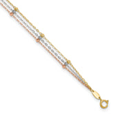 10k Tri-color 3-Strand Diamond-cut Beaded 9 inch Plus 1 inch Extender - Total 10 inch Anklet