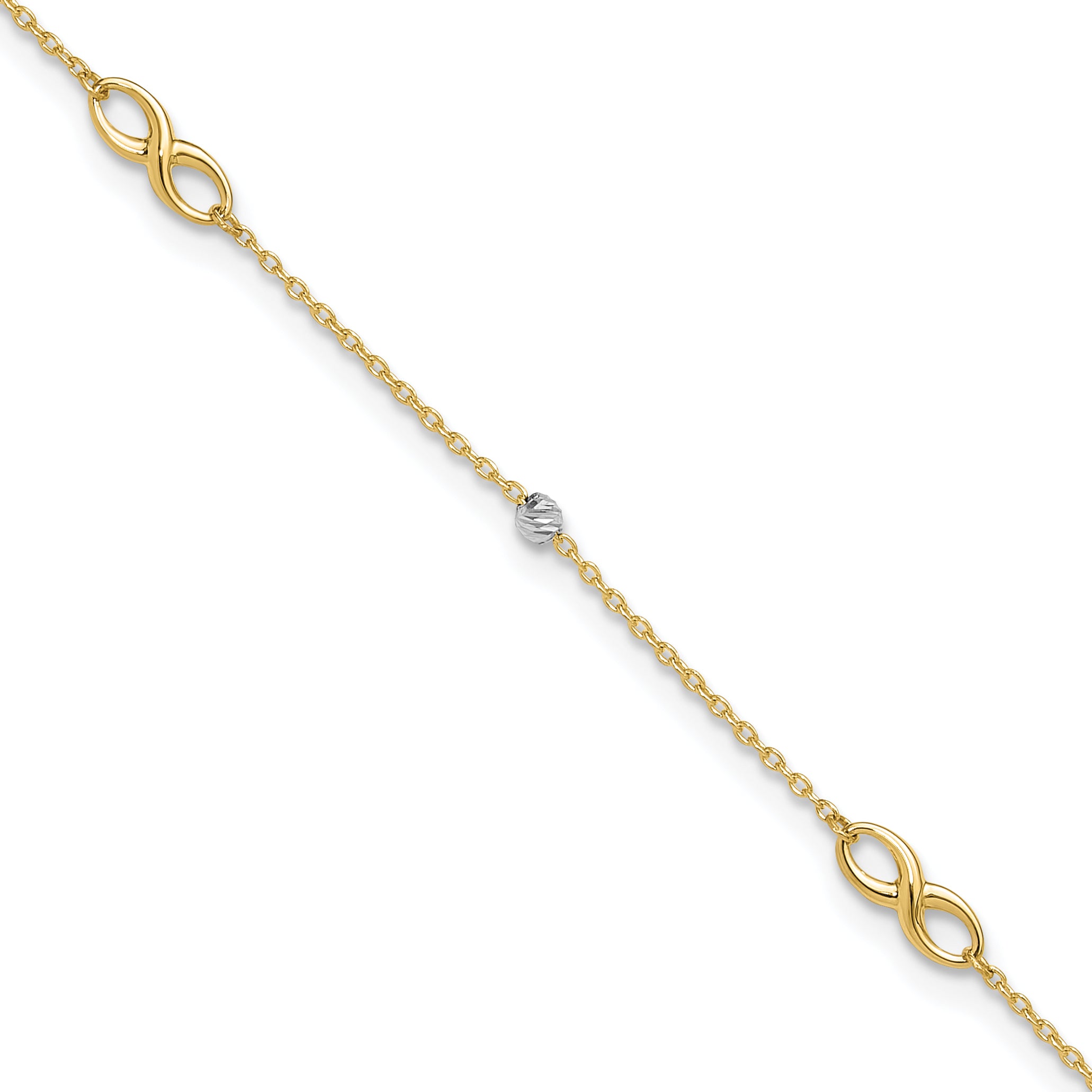 10K Two-Tone Infinity and Diamond-cut Beads 10 inch Plus 1 inch Extender - Total 11 inch Anklet