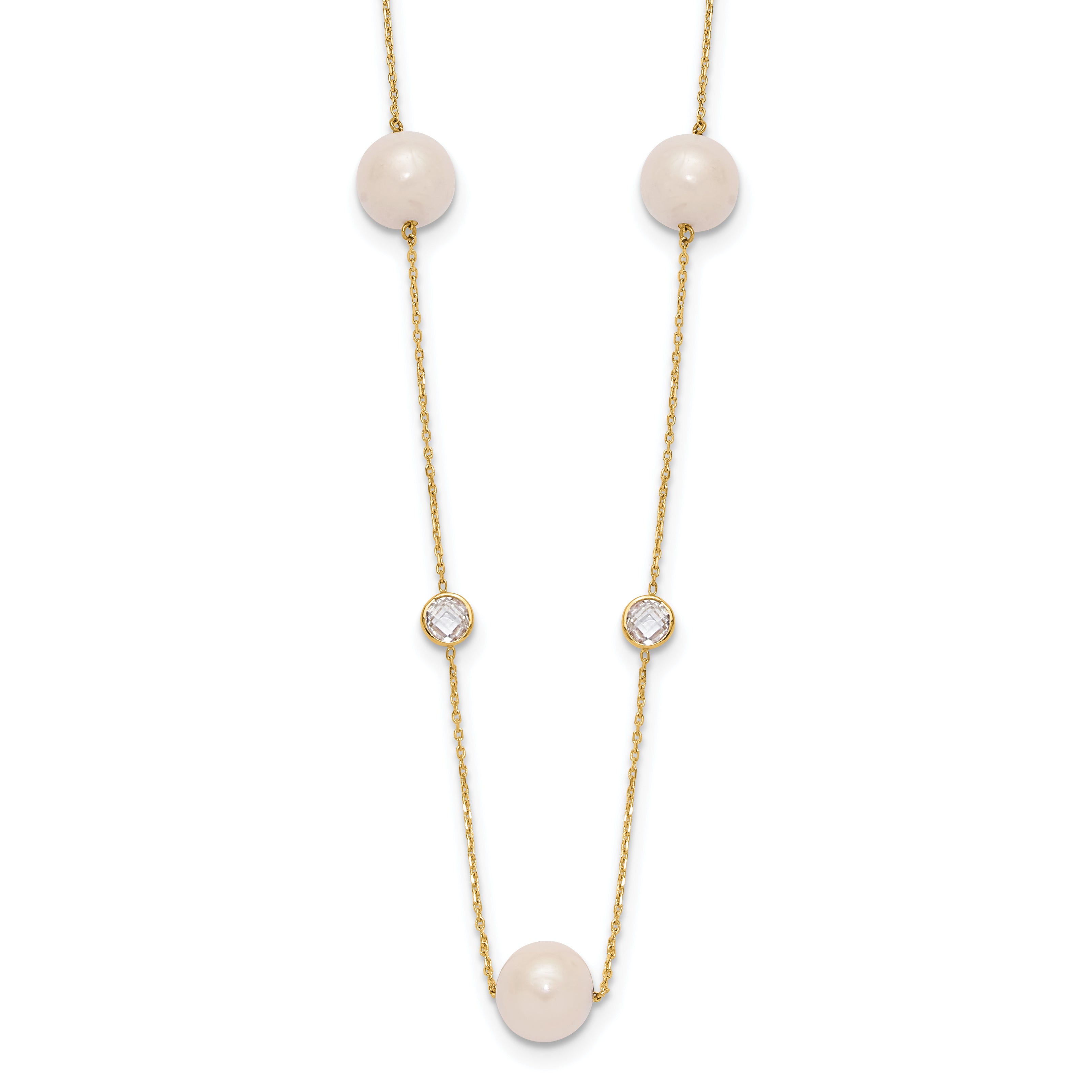 10K Polished CZ and 7-8mm FWC Pearl 7 Station Necklace