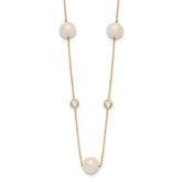 10K Polished CZ and 7-8mm FWC Pearl 7 Station Necklace