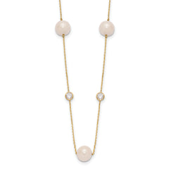 10K Polished CZ and 7-8mm FWC Pearl 7 Station Necklace