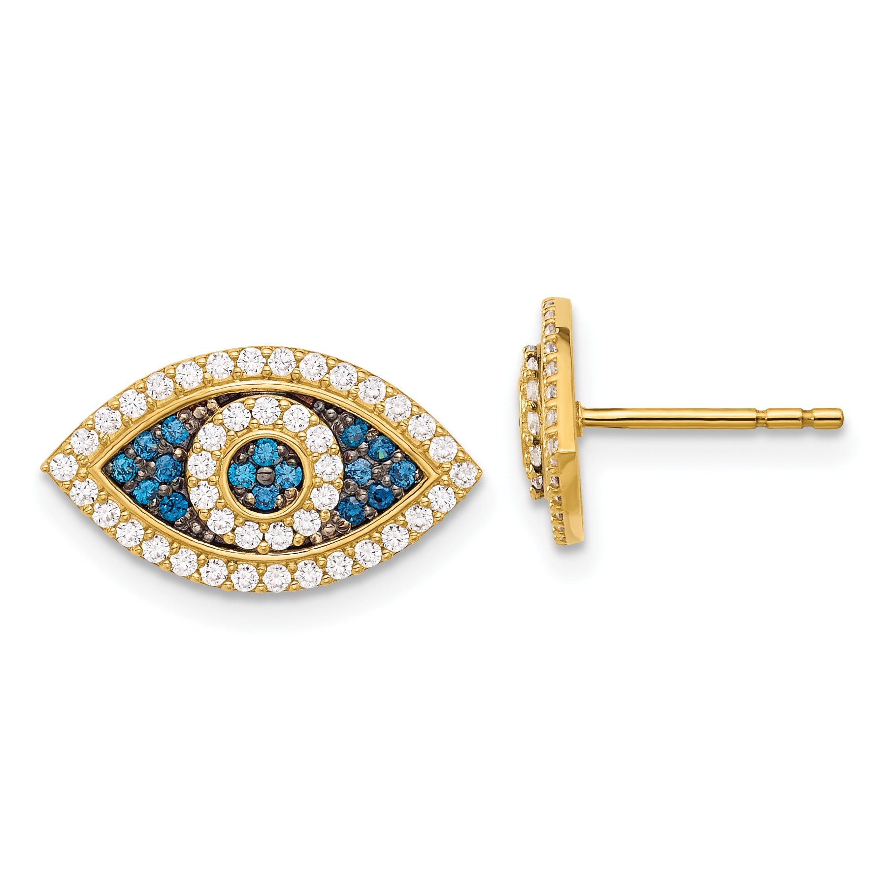 10K Polished Blue & Clear CZ Evil Eye Post Earrings