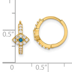 10K Polished Clear & Blue CZ Evil Eye Hinged Hoop Earrings
