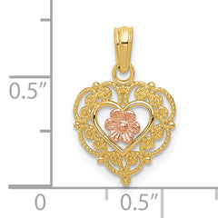10K Two-tone Polished Flower in Fancy Border Heart Pendant