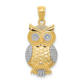 10K & Rhodium Polished & Textured Owl Pendant
