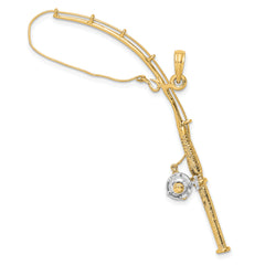 10K w/Rhodium 3-D Moveable Fishing Pole W/ Reel Pendant