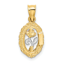 10K Two-tone w/White Rhodium Rose In Oval Frame Charm