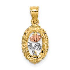 10K Two-tone w/White Rhodium Rose In Oval Frame Charm