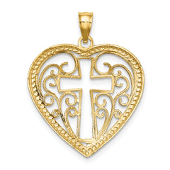 10K W/ RhodiumCut-Out Beaded Filigree Heart W/ Cross Charm