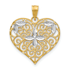 10k w/Rhodium Cut-Out Filigree Flower and Heart Charm