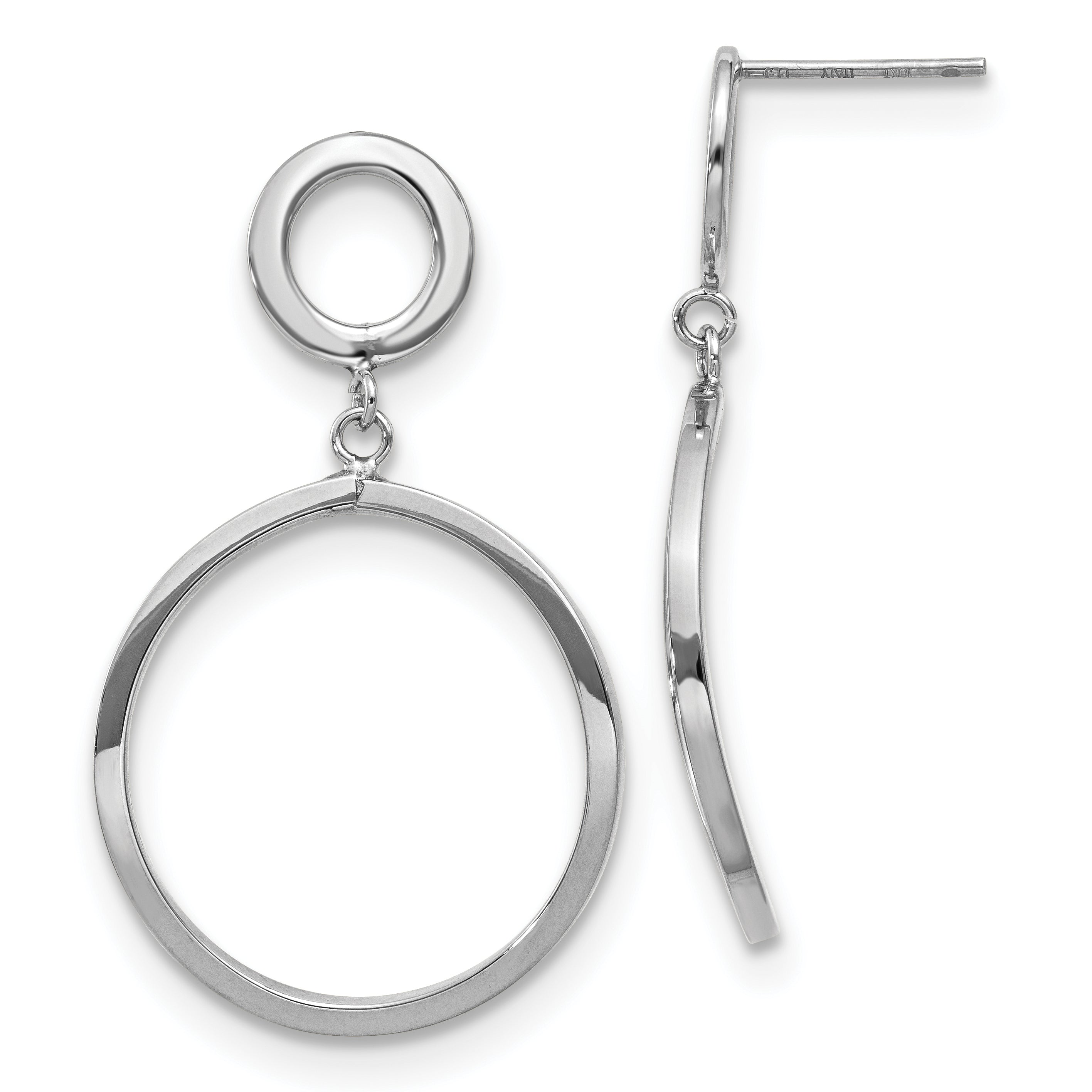 10K with White Rhodium Plating Polished Round Post Dangle Earrings