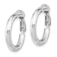 10K 3x15 with White RH Plating D/C Round Omega Back Hoop Earrings
