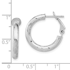 10K 3x15 with White RH Plating D/C Round Omega Back Hoop Earrings