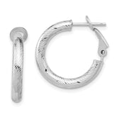 10K 3x15 with White RH Plating D/C Round Omega Back Hoop Earrings