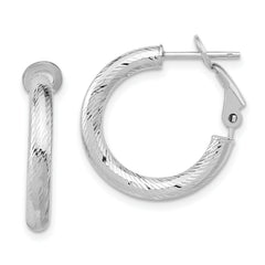 10K 3x15 with White RH Plating D/C Round Omega Back Hoop Earrings