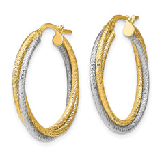 10K with Rhodium Polished D/C Hoop Earrings