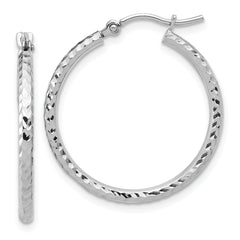 10k White Gold Diamond-cut 2mm Round Tube Hoop Earrings