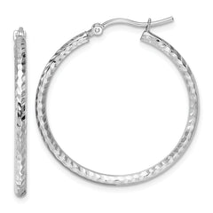 10k White Gold Diamond-cut 2mm Round Tube Hoop Earrings