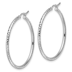 10k White Gold Diamond-cut 2mm Round Tube Hoop Earrings