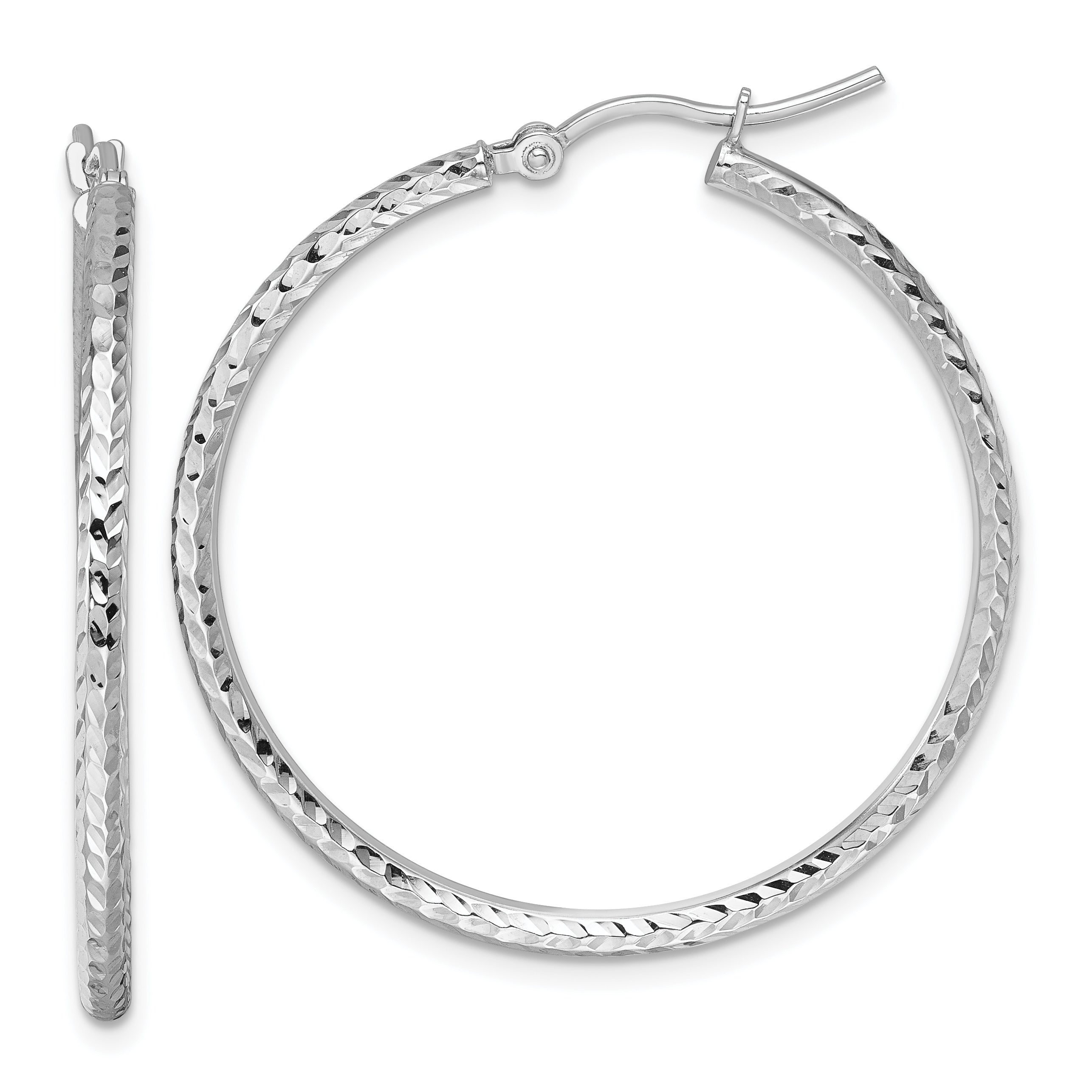 10k White Gold Diamond-cut 2mm Round Tube Hoop Earrings