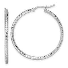 10k White Gold Diamond-cut 2mm Round Tube Hoop Earrings