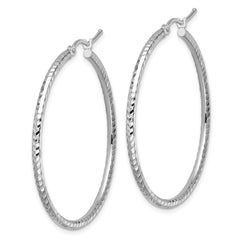10k White Gold Diamond-cut 2mm Round Tube Hoop Earrings