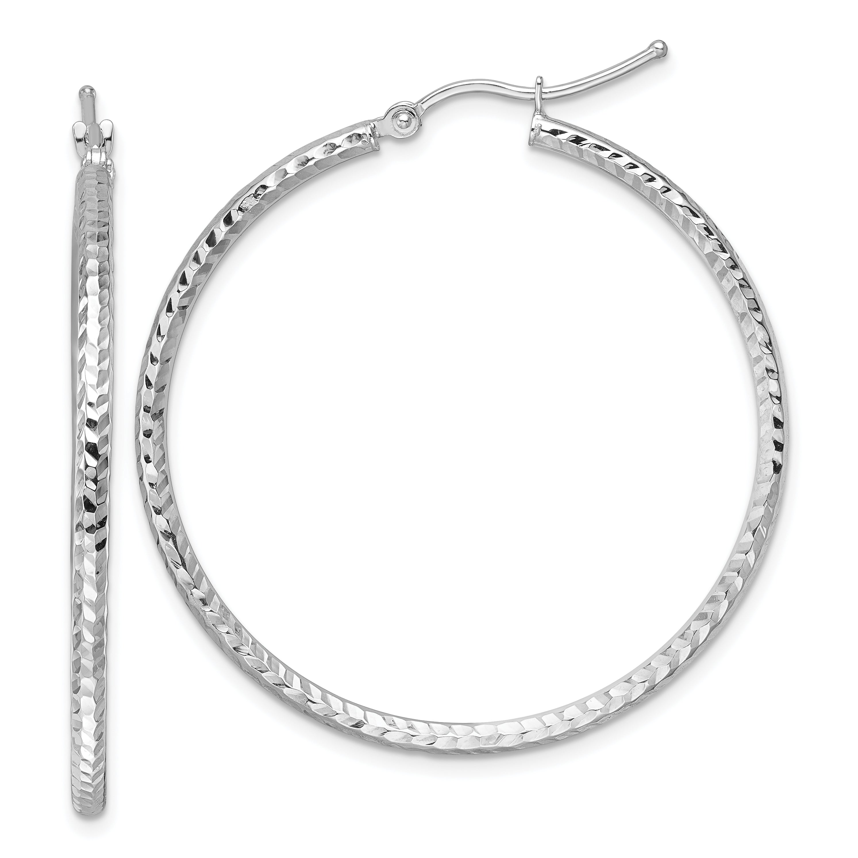 10k White Gold Diamond-cut 2mm Round Tube Hoop Earrings
