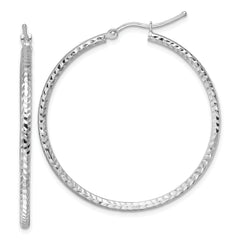 10k White Gold Diamond-cut 2mm Round Tube Hoop Earrings