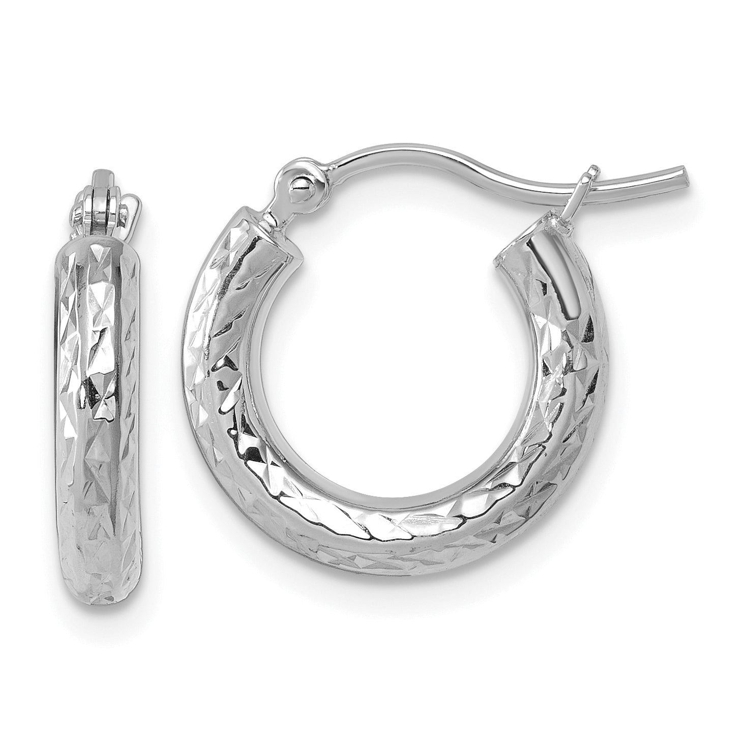 10k White Gold Diamond-cut 3mm Round Hoop Earrings