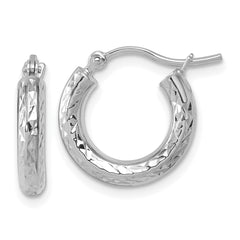 10k White Gold Diamond-cut 3mm Round Hoop Earrings