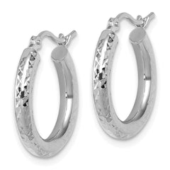 10k White Gold Diamond-cut 3mm Round Hoop Earrings