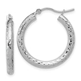 10k White Gold Diamond-cut 3mm Round Hoop Earrings