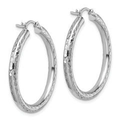 10k White Gold Diamond-cut 3mm Round Hoop Earrings