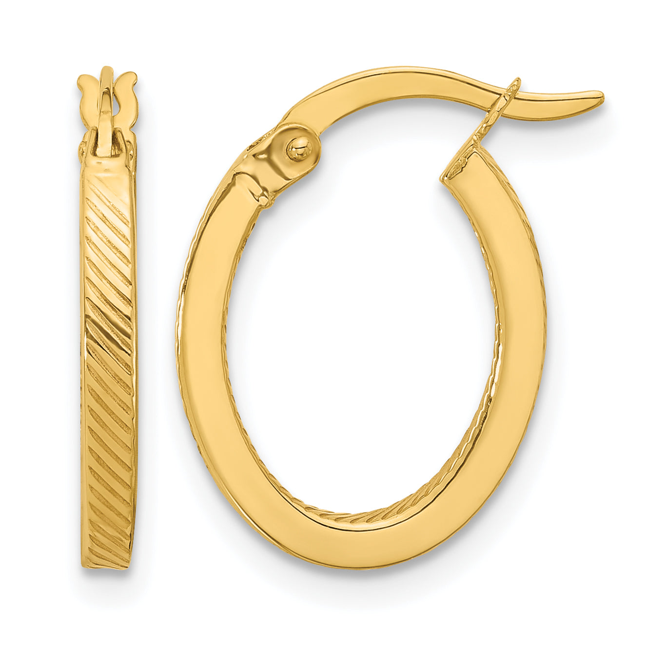 10K Polished and Textured Oval Hoop Earrings