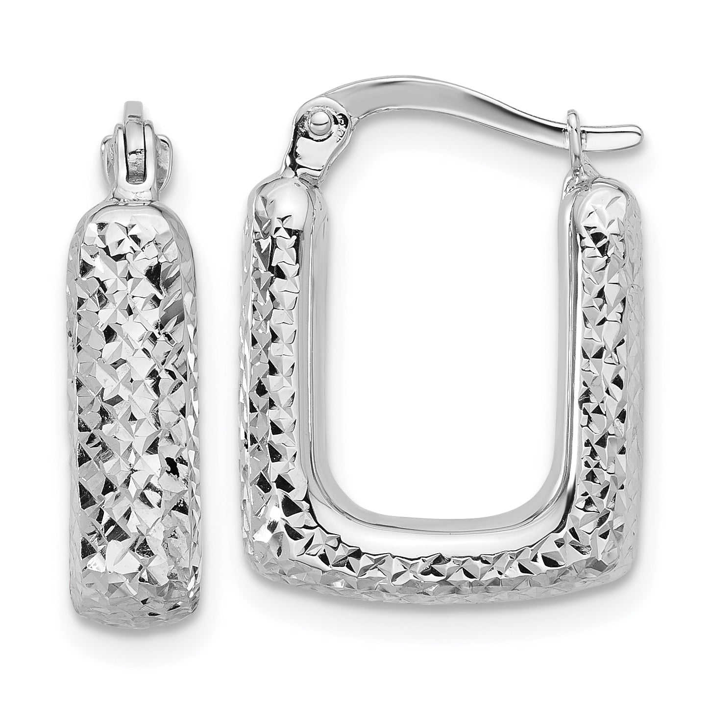 10K White Gold Polished and Diamond-cut Square Hoop Earrings