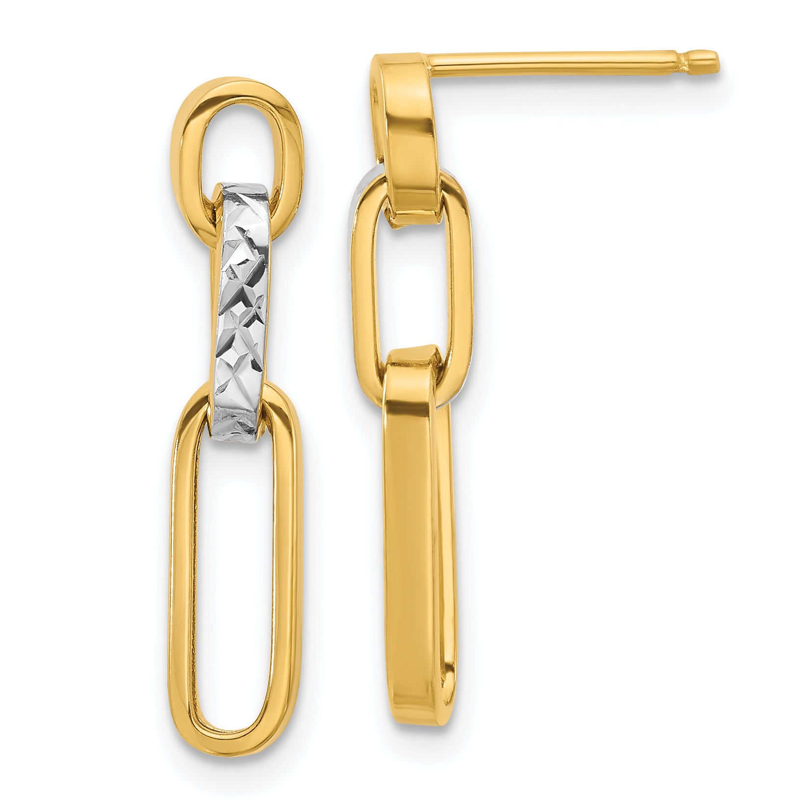 10K w/Rhodium Polished and D/C Link Dangle Post Earrings