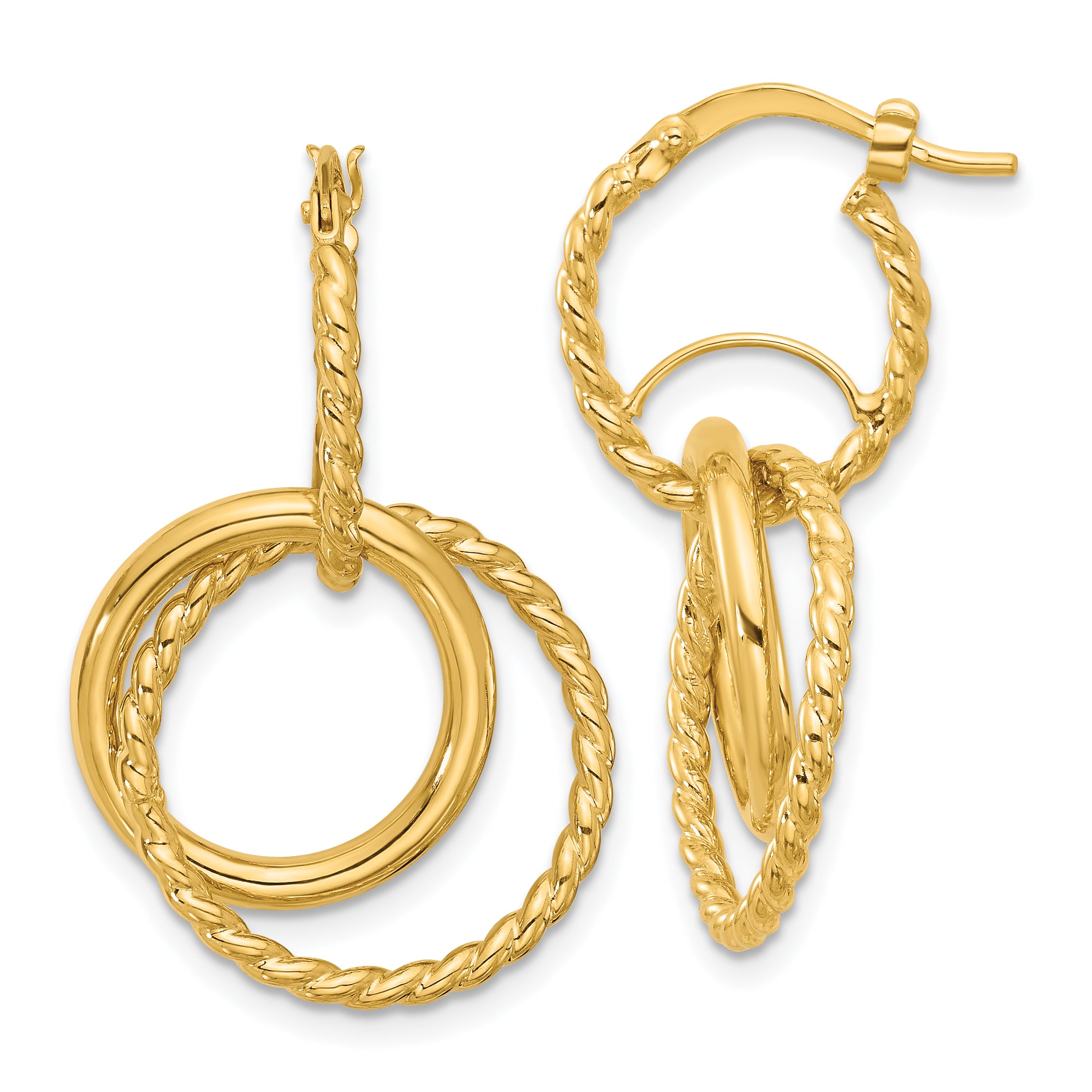 10K Polished and Twisted Dangle Circles Hoop Earrings